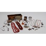 A collection of jewellery including silver, coral, pearl necklace, bird brooch, lighter, etc