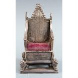 Novelty miniature hallmarked silver Edward VII coronation throne with padded seat, London 1901 maker
