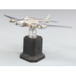 Chrome four engine aircraft vintage car mascot, wingspan 22cm, on black display base