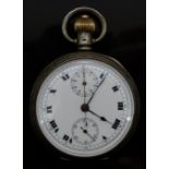 Swiss hallmarked silver keyless winding open faced chronograph pocket watch with inset subsidiary