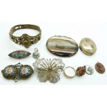 Victorian cut steel bracelet, 9ct gold ring (1.6g), micro mosaic brooch and pendant, lava cameo,