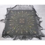 A 19th/20thC Chinese shawl with printed and gold thread decoration and fringe, 210 x 210 including