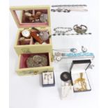 A collection of costume jewellery including watches, yellow metal watch back, silver bracelet set
