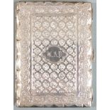 Victorian hallmarked silver calling card case with engraved decoration, opening to reveal lined