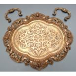 19thC bronze or similar twin handled cast tray with pierced decoration and handles, length 40cm