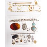 A collection of jewellery including silver and agate brooch, etc
