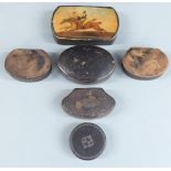 Six lacquer snuff boxes including horse racing example, length of longest 9cm
