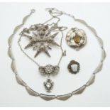 Arts & Crafts style white metal pendant/ brooch, Victorian paste necklace, silver necklace etc