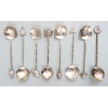 Set of sixChinese white metal teaspoons with fan, building and other finials, maked Sterling