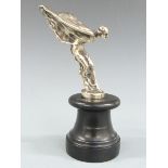 Rolls Royce Spirit of Ecstasy mascot in nickel silver for 20hp car, on black turned base, height