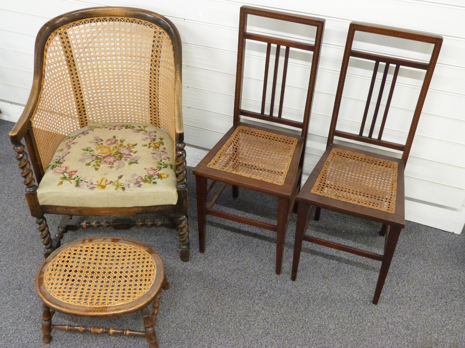 Three bergere chairs, one with tapestry upholstery, barley twist legs and a footstool - Image 2 of 2