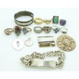 A collection of silver jewellery including rings, bangle, bracelet, brooch, etc