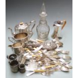 SIlver plated ware to include three piece tea set, cutlery, cut glass decanter, hallmarked silver