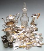 SIlver plated ware to include three piece tea set, cutlery, cut glass decanter, hallmarked silver