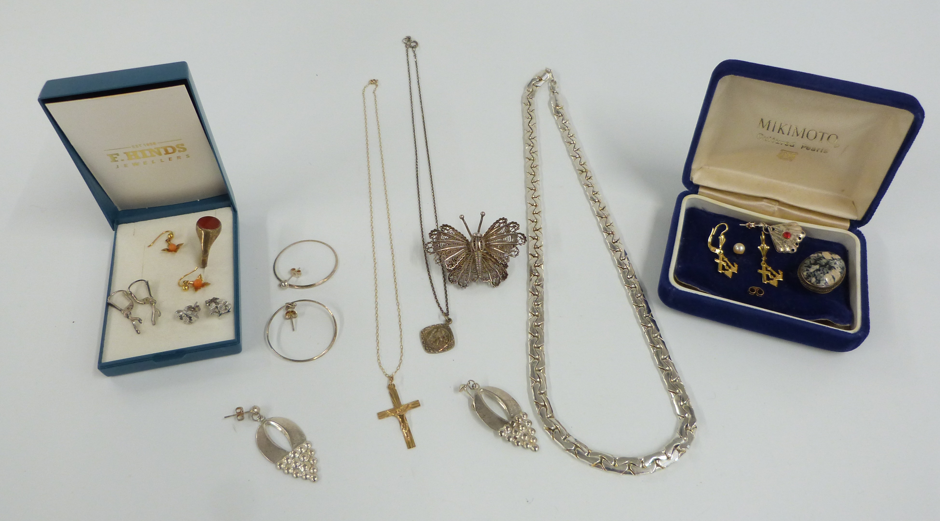 A silver St Christopher, 9ct gold crucifix, earrings including 9ct gold, silver ring, filigree