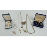 A silver St Christopher, 9ct gold crucifix, earrings including 9ct gold, silver ring, filigree