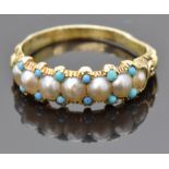Victorian yellow metal ring set with split pearls and turquoise with an engraved chased band, size