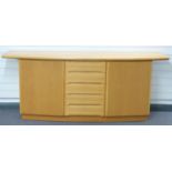 Skovby retro light elm or similar sideboard with bow fronted top and four drawers flanked by two