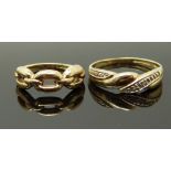 Two 9ct gold rings, one with chain decoration, size H & P, 3.81g