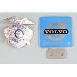 Volvo Owners Club enamel car badge, height 9cm together with a State of Florida Police Officer