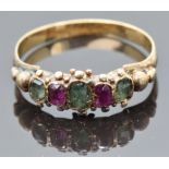 Victorian yellow metal ring set with foiled tourmaline and garnets with sphere decoration, size L