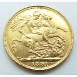 Queen Victoria 1891 Jubilee head gold full sovereign