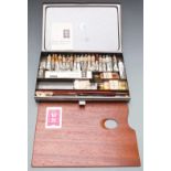 Winsor and Newton painting set with integral mahogany palette, oils, charcoal, palette knife,
