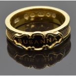 Victorian mourning ring set with a black enamel plaque reading "Susanna" and plaited hair to the