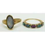 Two 9ct gold rings set with opal triplets, size M & N, 3.3g