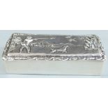 Early 20th century hallmarked silver trinket box with embossed shooting scene to lid, Chester