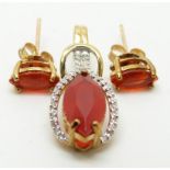 A 9ct gold pendant set with a marquise cut Salamanca fire opal and diamonds and a pair of 9ct gold