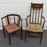 Edwardian Art Nouveau Liberty style mahogany armchair with inlaid decoration and floral tapestry