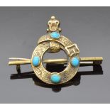 Victorian love knot / mourning brooch set with turquoise cabochons and engraved scrolling