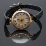 Ladies 9ct gold wristwatch with blued Breguet hands, inset subsidiary seconds dial, black Arabic