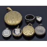Victorian mourning locket set with enamel reading "In memory of" , two silver Victorian lockets, two