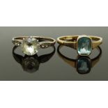 A 9ct gold ring set with an zircon and a paste ring, sizes M & Q
