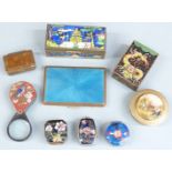 Nine mainly enamel boxes and other items to include Chinese magnifier and matchbox holder, agate box