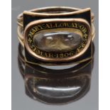 Georgian mourning ring set with plaited hair in a glass compartment surrounded by black enamel