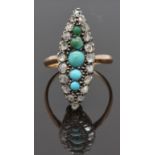 Victorian marquise shaped ring set with turquoise cabochons and rose cut diamonds, 2.9g, size M