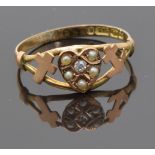 Victorian 9ct gold ring set with a diamond and seed pearls in a heart shaped setting, with an anchor