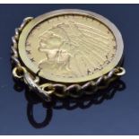 United States of America five dollar coin in 9ct gold pendant mount, 10.7g