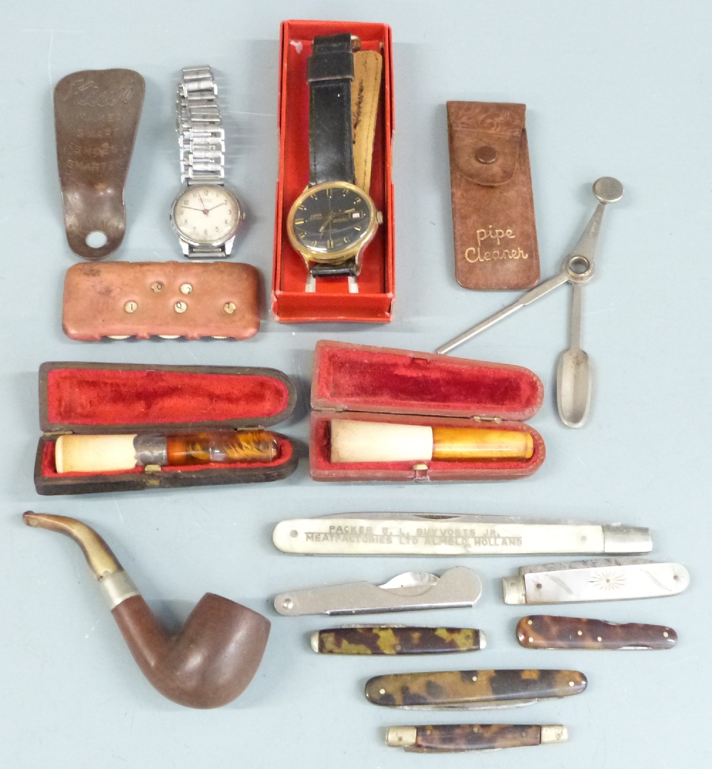 Fero and John Barrel wristwatches, various folding knives and tools, Kiwi advertising shoe horn, two