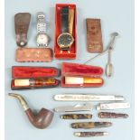 Fero and John Barrel wristwatches, various folding knives and tools, Kiwi advertising shoe horn, two