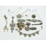 A collection of silver brooches including paste, marcasite and Jewelcraft, silver necklaces, 9ct