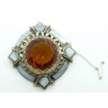 Scottish white metal kilt pin/ brooch set with a citrine and agate, 5cm diameter