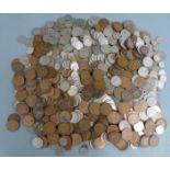 A tin of sundry largely UK coinage, includes pre decimal, Victoria onwards together with some