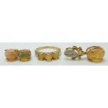 A suite of 9ct gold jewellery set with opal cabochons comprising pendant, ring (size N), and