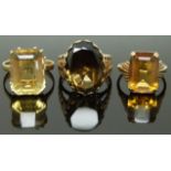 Art Deco 9ct gold ring set with citrine and two 9ct gold rings one set with smoky quartz and one