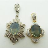Two 9ct gold pendants set with green fire opal and diamonds, 3.6g