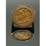 An 1896 gold half sovereign in 9ct gold ring mount, size V, 11.88g